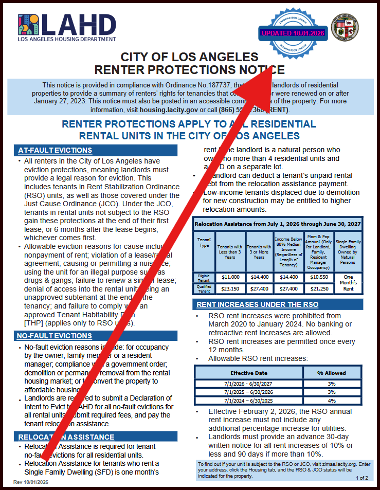 First page of the updated City of Los Angeles Renter Protections Notice, marked Updated 10.01.2026.