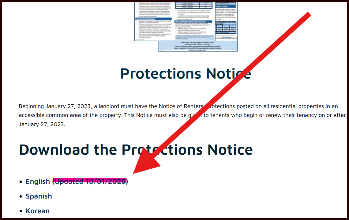 LAHD's Protections Notice page, listing the English version as Updated 10/01/2026.