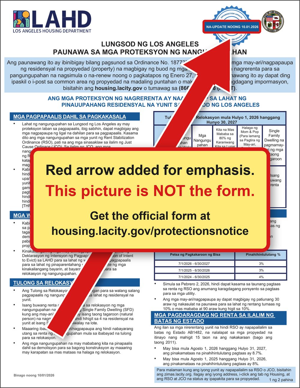 First page of the updated Renter Protections Notice in Tagalog. A red arrow, added for emphasis, points to the stamp Updated 10.01.2026. A yellow box across the middle says this picture is not the form and gives the address of the official form.